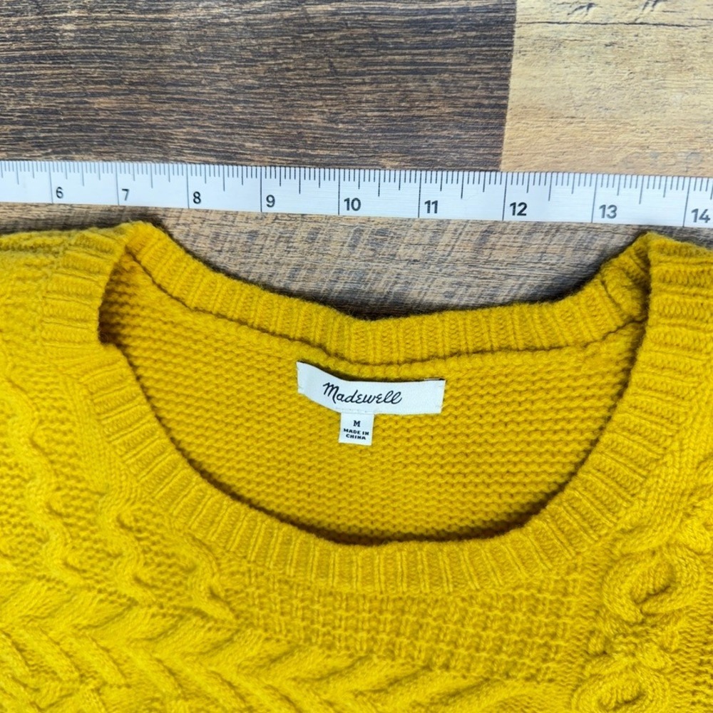 Madewell Merino Wool Cable Knit Pom Pom Sweater Womens M Mustard Yellow Chunky - Picture 6 of 12